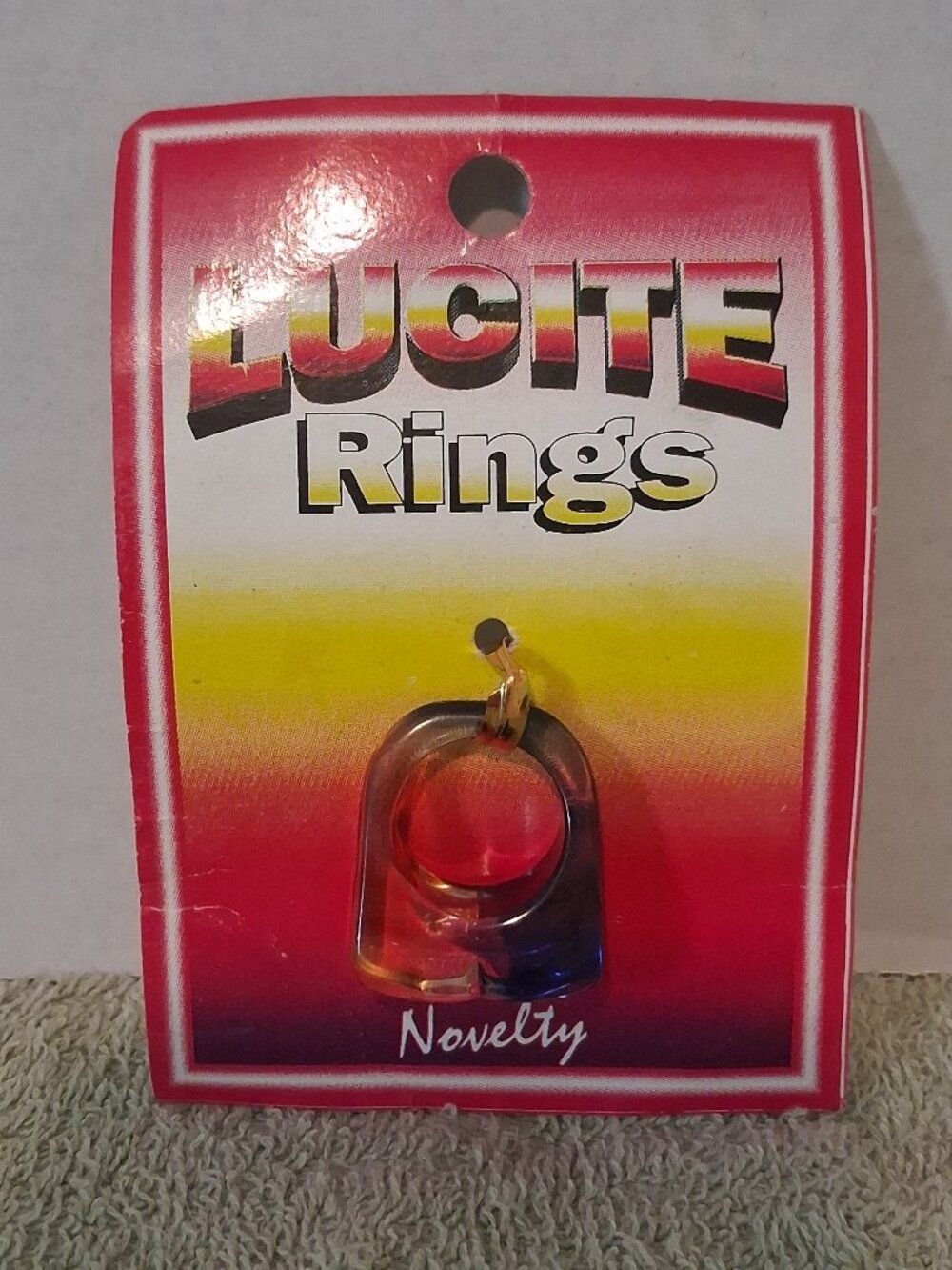 NOS 1960-70s Chunky Lucite Acrylic Red/White/Blue Striped Transparent Ring Sz 6